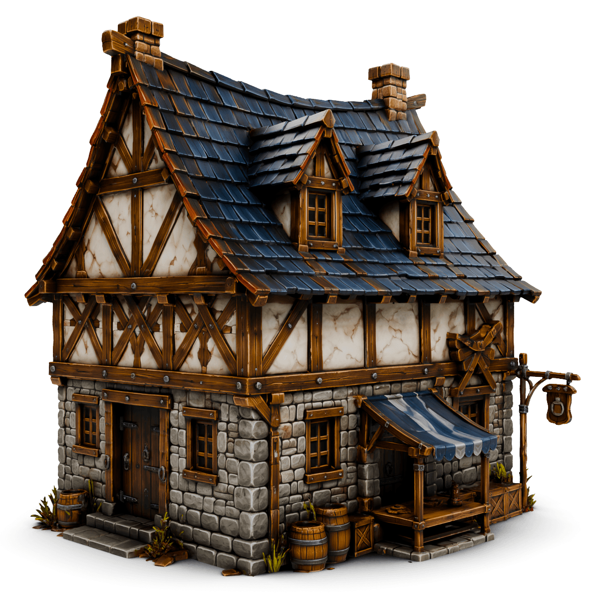 Timber House with Blue Roof